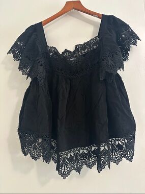 bebe Black Lace-Trim Off-Shoulder Peasant Top